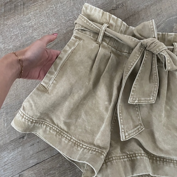 High Waisted Tan Denim Shorts with Bow Belt - Picture 2 of 6